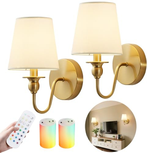 Battery Operated Wall Sconces set of Two,Wireless Wall Sconces with 10000mAh Dimmable Bulb and Remote,LED 15 Colors Rechargeable Gold Wall Sconce with Fabric for Bedroom Living Room Hallway Wall Decor