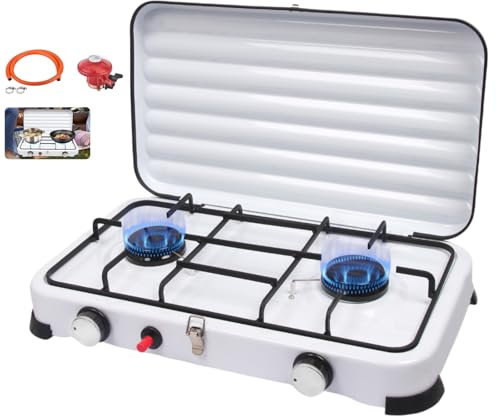 Réchaud Gaz GPL Camping Portable 2 Feux 4,4kW - Allumage Automatique, Tuyau PVC 150 cm + Régulateur 37 mbar - Réchaud Extérieur Couvercle Amovible pour Randonnée, Pêche, Pique-Nique