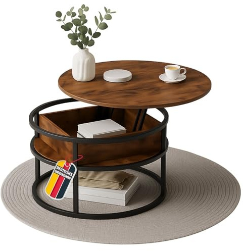 Coemo Couchtisch Swing Braun mit Verstellbarer Tischplatte & verdecktem Aufbewahrungsfach, Metall & Holz, Beistelltisch für Wohnzimmer, Sofatisch rund mit Stauraum, Metalltisch modern, zerlegt