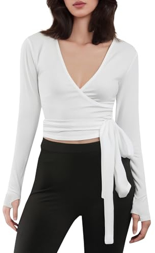 Edhomenn Womens Wrap Top Long Sleeve Deep V Neck Slim Fitted Thumbhole Blouse Ladies Front Tie Cross Wrap T Shirt Yoga Ballet Pilates Workout Top (02 White, S)
