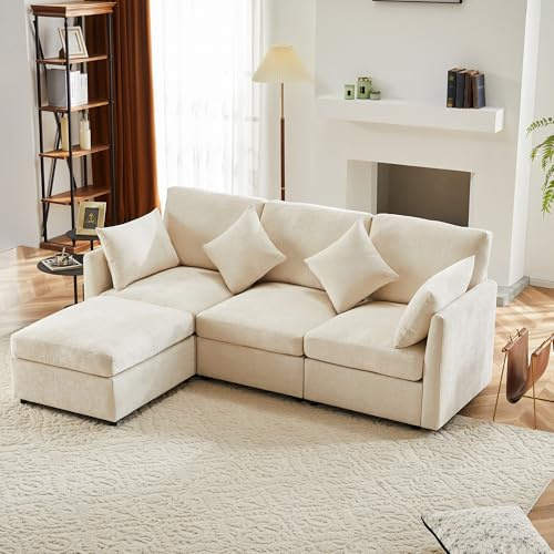 Mrwoo Sofá Cama en L Modular, 3 Plazas con Reposapiés, Extensible para Dormir, 4 Cojines, Sofa para Salón/Dormitorio/Apartamento, Chenilla, Color Beige
