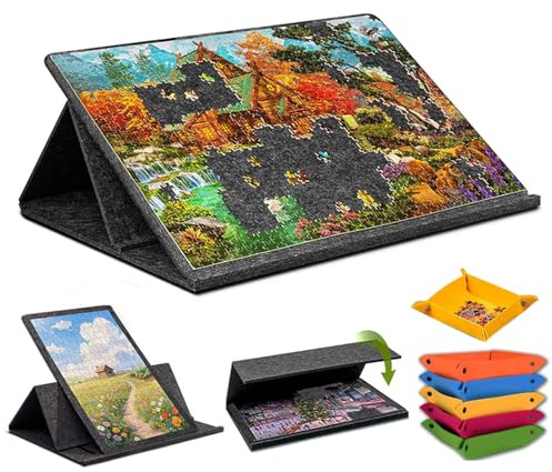 RATSTONE Puzzle Pieghevole,1000 Pezzi,Tavolo per Puzzle,Tappetino Puzzle Portatile con 6 Vassoi di Colori Assortiti con Supporto 2 in 1 e Copertura,per Bambini, Adulti,Angolo Regolabile,78x56cm,Nero