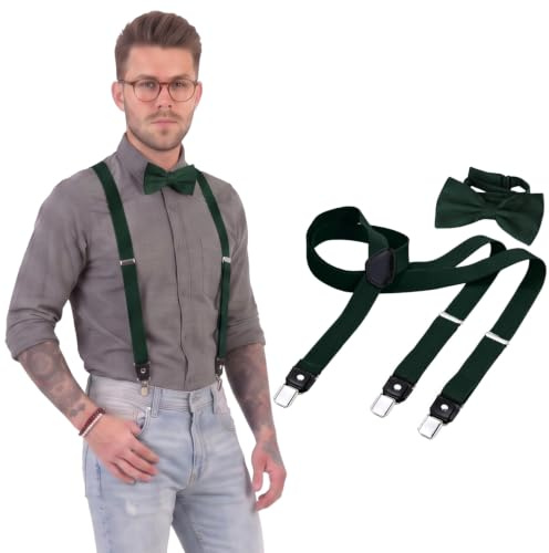 DonDon Conjunto de tirantes estrechos y pajarita para hombre, forma de Y, ancho 2,5 cm, hecho a mano - Elegante accesorio para boda, fiesta, smoking - Verde