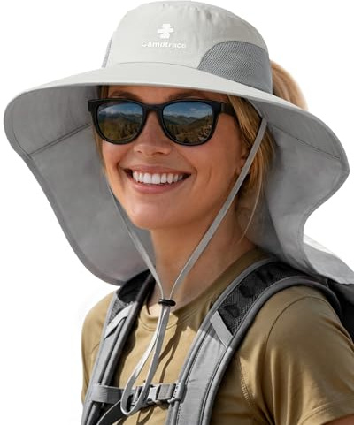 Camptrace Sun Hats for Women Men UPF 50+ UV Protection Wide Brim Hiking Fishing Hat with Neck Flap, Light Grey