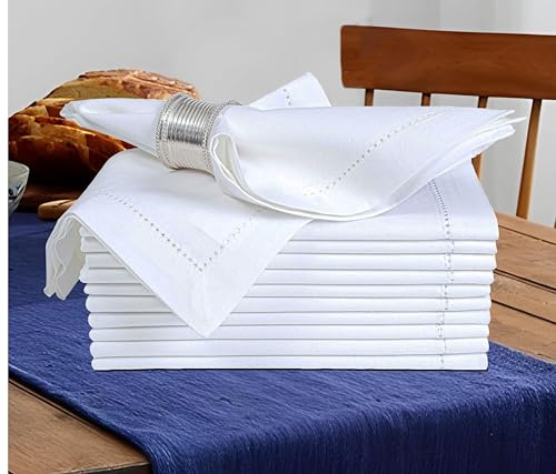 Bedding Craft Cotton Cloth Dinner Napkins Set of 12 – 18x18 White with Hemstitched Mitered Corners – Machine Washable Fabric Napkins for Weddings, Dinner Parties & Table Decorations