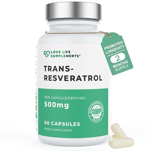 Trans Resveratrol 500mg, 98% Purity, 60 Vegan Capsules, High Strength Polyphenol Antioxidant from Japanese Knotweed, 3rd Party Tested, Anti Ageing, Skin, Heart & Brain Health, Love Life Supplements