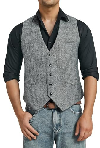 HISDERN Anzugwesten für Herren Tweed Weste Grau Vintage Fischgrätmuster Wolle Anzug Westen für Casual Business Hochzeit L