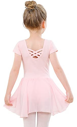 Ballettkleidung Mädchen Baumwolle Ballettkleid Balletttrikot Kurzarm Tanzkleid Tanzbody mit Chiffon Rock Tütü, Rosa, 140
