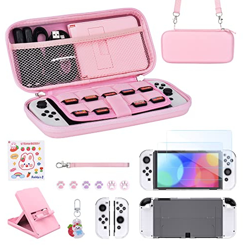 Younik Switch OLED-tillbehörspaket, 15-i-1 rosa brytare OLED-tillbehörssats inkluderar strömbrytare bärväska med 9 spelkortplatser, justerbart stativ, skyddsfodral för Switch-konsol och J-Con