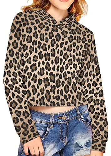 chaqlin Maglietta corta a maniche lunghe per ragazze Hoddie cropped maglioni per bambini carino con cappuccio per bambini da 5 a 14 anni, Stampa leopardata, 13-14 Anni