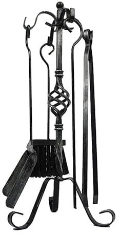 Virsus Set 5 attrezzi per Camino in ferro battuto, di colore nero con sfumature, accessori per braciere con manici curvi, composto da pala, spazzola, attizzatoio e pinze per pulizia caminetti