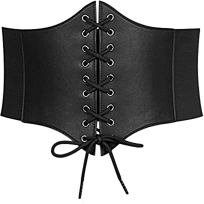 LEACOOLKEY Women Waspie Corset Belt for Dress, Retro Wide Elastic Tie Waspie Belt Hallowen, Ladies Black Tied Waspie Belt,Black