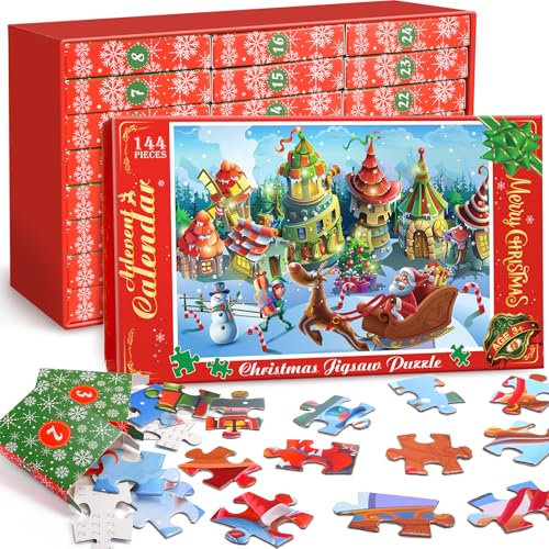 HappyGoLucky Adventskalender Kinder 2024, Puzzle 6*24 (144 Teile) Kinder Weihnachts Geschenke Mädchen Jungen 3-12 Jahre Weihnachtskalender Kinder Jigsaw Puzzle Spielzeug ab 3-12 Jahre Jungen Mädchen
