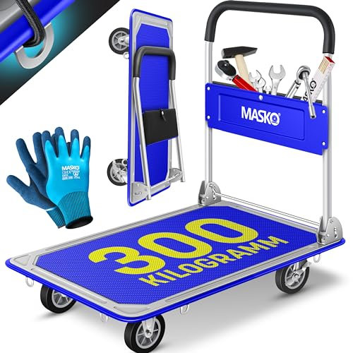 MASKO® Carro de Plataforma, Carro de Almacenamiento, Incl. Guantes de Trabajo, Freno de Bloqueo, con 6 argollas de Seguridad, Ruedas giratorias 360°, Plegable, Capacidad de Carga - 300kg / Azul