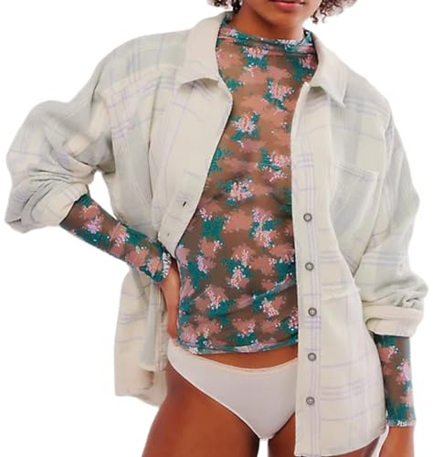 Caziffer Women's Lace Layering Top Long Sleeve Sheer Mesh Mock Neck Undershirt Y2K Lace Floral Tops See Through Shirt Blouse (Colorful Lake Blue, S)