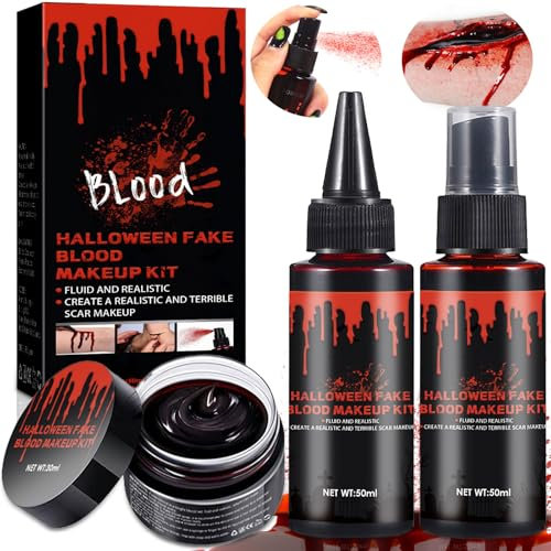 ZQEJEFD Halloween Set de Faux Sang, 3 Pcs Plasma Coagulé+ Spray de Faux Sang+ Faux Sang, Halloween Maquillage pour Visage Fake Blood, Faux Sang Lavable pour Carnaval Film Maquillage de Vampire Cosplay