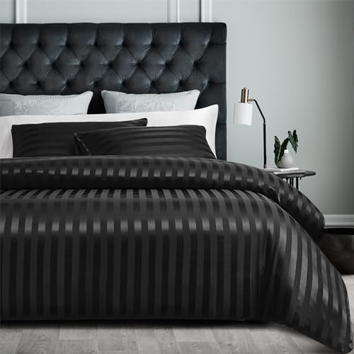 YASMENG │ Copripiumino in Satin 140 x 200 cm Nero con Righe Lucide Deluxe │ Set Biancheria da Letto in Raso Morbido e Seta │ Biancheria da Letto per 1 Persona Adulta con Chiusura Lampo │ Include