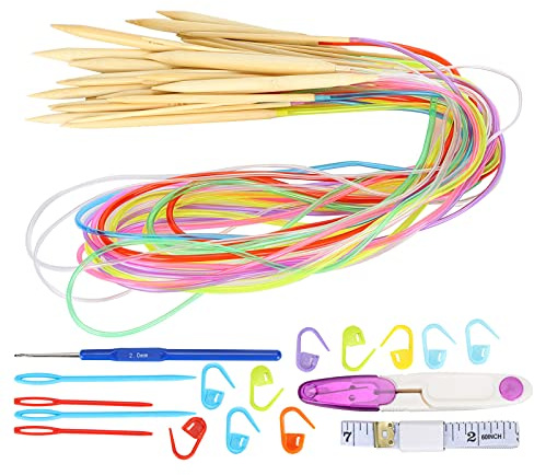 Baxnore Set di ferri circolari da 18 pezzi, ferri da maglia circolari in bambù con pacchetto di accessori, aghi per filati per progetti di tessitura (100cm)