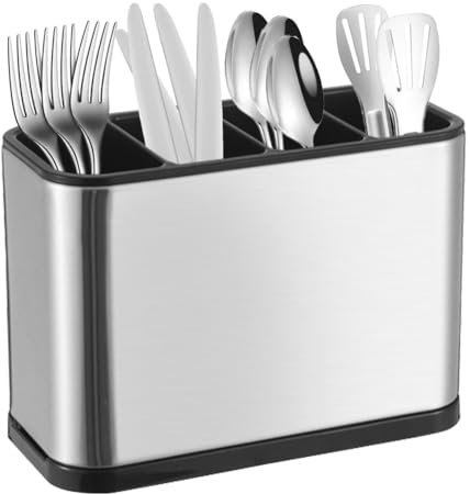 Portaposate a 4 scomparti con vassoio antigoccia, in acciaio inox, antiscivolo, per cucina e sala da pranzo, portaposate con vassoio antigoccia rimovibile, porta utensili in acciaio inox per coltelli