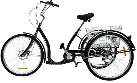 Madelynn Trehjuling för vuxna 26 tum 6 växlar 3 hjul cykel aluminium med korg 120 kg lastkapacitet 3 hjul kryssningscykel med PC-pedaler stänkskärmar justerbar