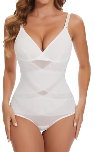 SHAPERIN Women Tummy Control Bodysuit Shapewear Waist Trainer Body Shaper V Neck Slimming Leotard Sculpting Body Suit, White, L
