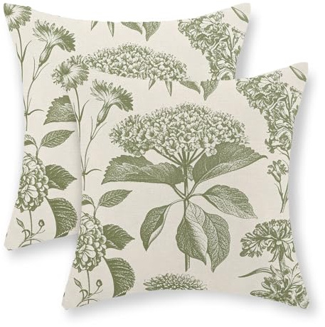 GOLIANDA Sage Green Pillow Covers 18x18 Set of 2 Vintage Floral Hydrangea Herbs Botanical Throw Pillow Cover Outdoor Decoration Boho Flower Pillowcase Farmhouse Decorative Cushion Case for Couch Sofa