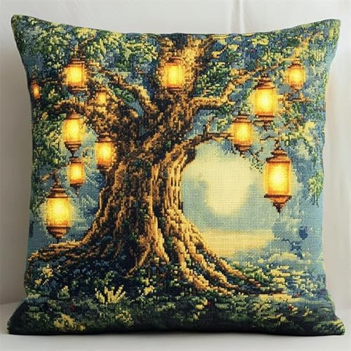 XDEGHUANGSS Gancio di chiusura per cuscino fai da te ricamo cuscino cuscino gancio artigianato con tela stampata motivo 17X17-Lanterne sull'albero