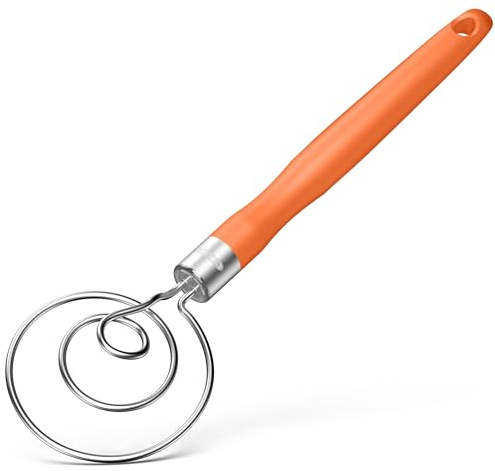 U-Taste Dansk degvisp - 18/8 rostfritt stål manuell surdeg mixer, livsmedelsklassad brödvisp med halkfritt silikonhandtag för blandning, omrörning och knådning (orange)