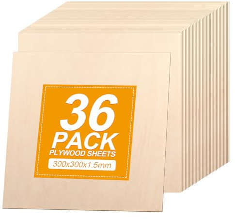 APACALI 36PCS 300x300x1.5mm Plywood Sheets, Thin Basswood Sheets, Plywood Sheets Cut to Size, Unfinished Balsa Wood Sheets for Crafts, Arts, Painting, DIY, Engraving and Home Decor