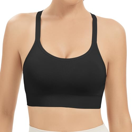Comfyin Racerback Sports Bras for Women Unpadded Workout Bralette Seamless Yoga Gym Fitness Top,Black,M