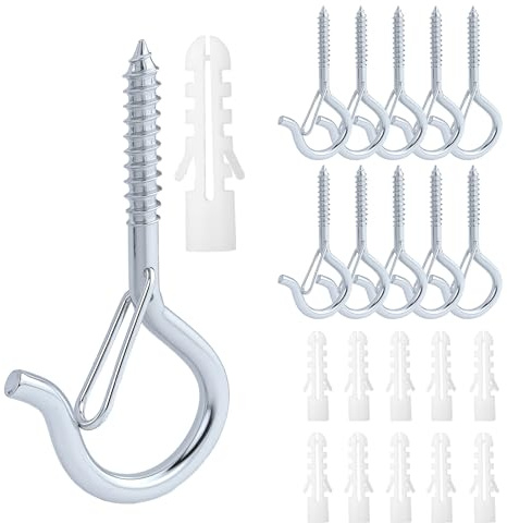 SITERITELTD 10 ganchos de rosca M6 con hebilla de seguridad, ganchos de techo resistentes con tornillos, tornillos de acero inoxidable, ganchos de madera plateados para atornillar, para hamacas