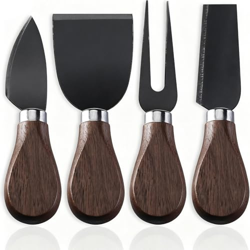 YUANQIAN 4-Piece Stainless Steel Cheese Knives Set with Walnut Handle & Black Accents, Cheese Slicer, Spreader, Fork & Hard Cheese Knife, Essential Charcuterie Board Accessories for Entertaining