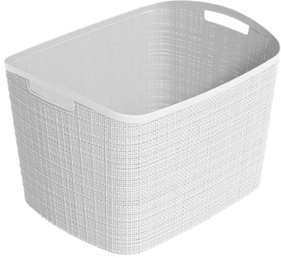 Curver Set of 2 XL 30.5L Jute Decorative Plastic Organization and Storage Baskets - Perfect Bins for Home Office, Closet Shelves, Kitchen Pantry and All Bedroom Essentials, White