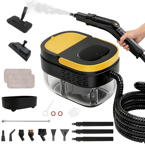 Limpiador a Vapor Portátil, 2500W Potente Limpiador a Vapor para el Hogar, 3 Velocidades Ajustables,17 Accesorios, Depósito de Agua de 1600 ml, Presión de 4 Bar, para Cocina, Ventanas, Pisos, Autos