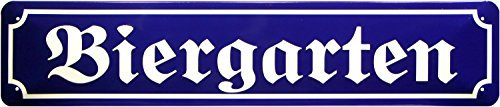 WOGEKA ART Retro Blechschild - Biergarten - witziger Spruch als Geschenk-Idee zum Geburtstag Weihnachten als Dekoration 46x10 cm Vintage-Design Straßenschild aus Metall STR07