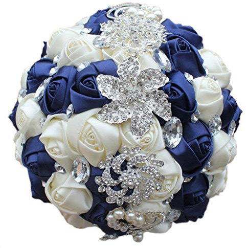 Fouriding Handgemachte Brosche Brautstrauß Braut Satin Rosen Blumen Strass Perlen Blumensträusse Hochzeit Strauß Künstliche Blumen Blumenstrauß künstlicher Rosenstrauß Deko (Navy Cremig)