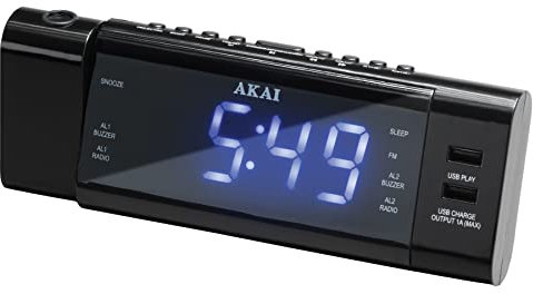 AKAI Radioväckarklocka med projektion av tiden på väggen USB-laddningsstation, projektor