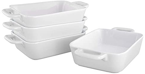 KVOTA rechteckige MINI Auflaufform Ofen- Backform aus Keramik, Set 4 St. für je 1 Portion ca.9,5x4x13cm innen (12,5 x 4,5 x22 cm außen) 400ml (Weiß), kleine Auflaufförmchen farbig
