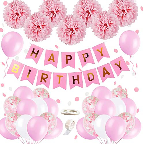 Pink Birthday Party Decorations Set, Pink and White Balloon Decoration Kit with HAPPY BIRTHDAY Banner, Paper Pompoms, Ribbons and Confetti Balloons, Party Decoration Accessories