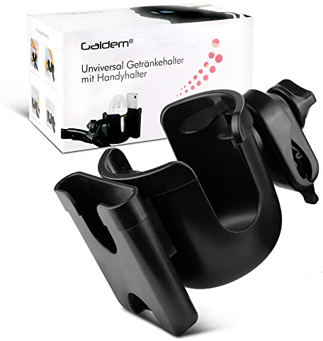 Galdem Universal Becherhalter mit Handyhalterung, 360° Gelenk & Anti-Rutsch-Befestigung/Fahrrad, Rollstuhl oder Kinderwagen Getränkehalter/Cupholder für Babyfalsche & Kaffeebecher