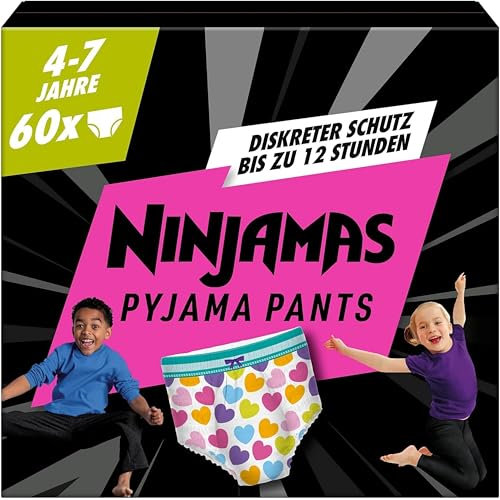 Ninjamas Pyjama Pants Herzen, 60 absorbierende Nachthöschen, 7 Jahre, 17kg-30kg, Auslaufschutz für die ganze Nacht