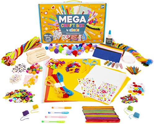 abeec Mega Craft Box | Large Arts & Crafts Supply Kit for Kids | Includes Poms Poms, Beads, Glue, & Scissors | 1000+ Items