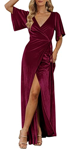 MEROKEETY Women's V Neck Wrap Velvet Maxi Wedding Guest Dress Bell Sleeve Split Bridesmaid Cocktail Party Formal Dresses, Burgundy, XL