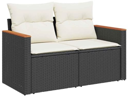 vidaXL Sofá de Jardín de 2 Plazas con Cojines, Asiento Exterior, Sofá Biplaza, Mueble para Patio Terraza Balcón, Ratán Sintético Negro