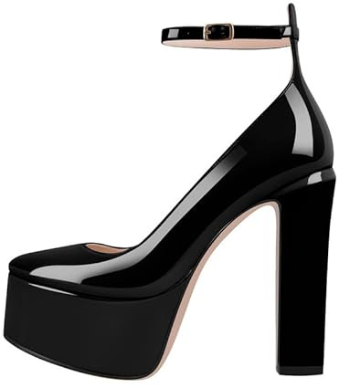 MissHeel Plateforme Mary Janes avec boucles de cheville, talons hauts, talon bloc, talons chuny, Noir , 42 EU