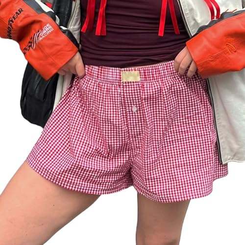 XIXIMAON Kakel pyjamasbyxor för kvinnor, lätta sommarpyjamasshorts med knapp lediga nattshorts med elastisk midja, Färg: röd, S