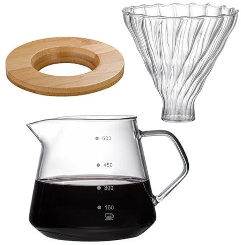 MCDSAJ Cafetera para Verter, Cafetera de Goteo con Asa Y Tapa de Vidrio, Cafetera con Gotero de Vidrio Transparente, Cafeteras para Acampar en Casa, Senderismo(600ML)