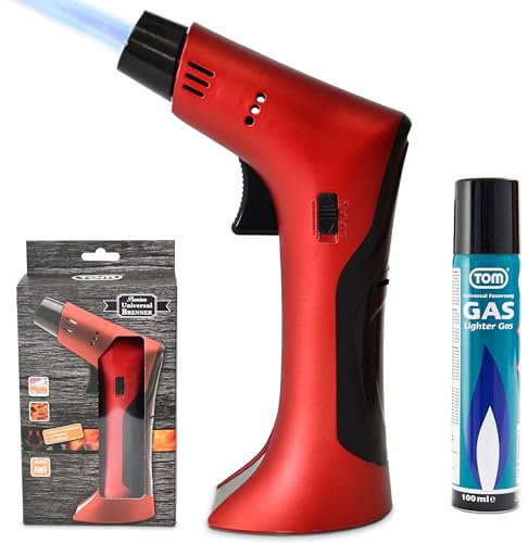 TOM Flambierbrenner Set MIT Gas befüllt + 1 x Butangas Kartusche – Profi Gasbrenner mit Sicherheitsschloss für Küche, Haushalt, Camping & Werkstatt – nachfüllbar – in zwei Farben – Jetflame (Rot)