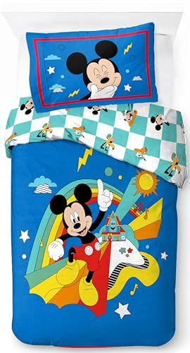 Jay Franco Disney Mickey Mouse Blue 100% Cotton Single Duvet Cover Set - Includes 50 x 70 cm Pillowcase