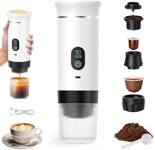 VHV Cafetière Portable 3 en 1,Rechargeable Cafetière Portable de Voyage,12V Expresso Machine a Cafe pour Capsule,Café Moulu,pour Camping,Voyage,Bureau,Voiture,Maison (Blanc)